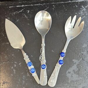 Beaded Serving Set Large Fork, Spoon and Cake Knife Blue‎ Stones